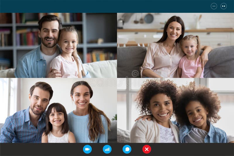 Diverse families involved in video conference laptop screen webcam view
