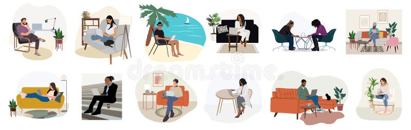Diverse Freelance people remote work vector set. stock illustration