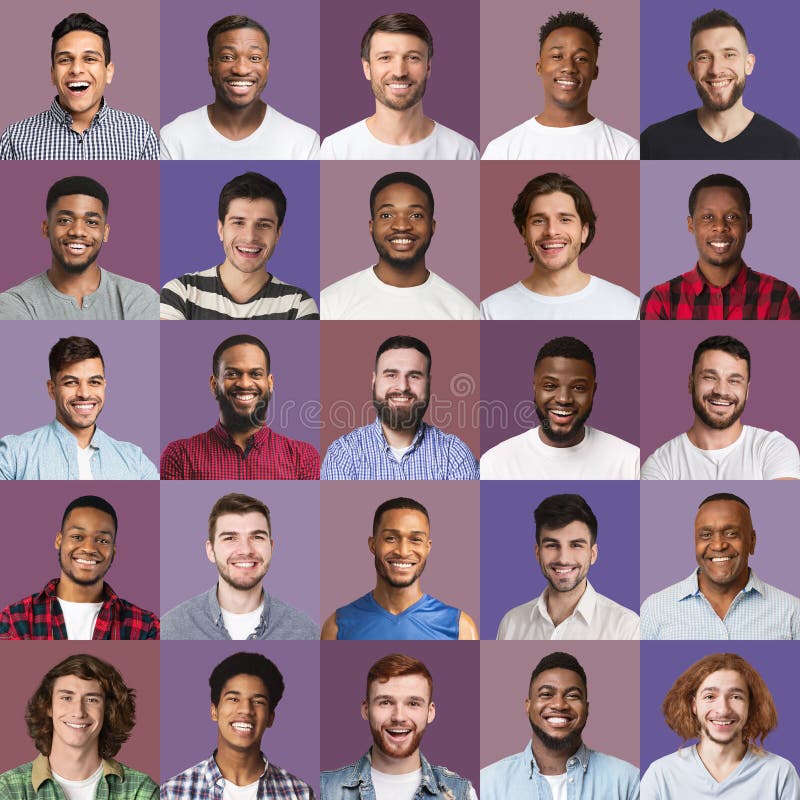 Diverse glückliche männliche Gesichter mit verschiedenen Frisuren Satz von Fotos stockbild