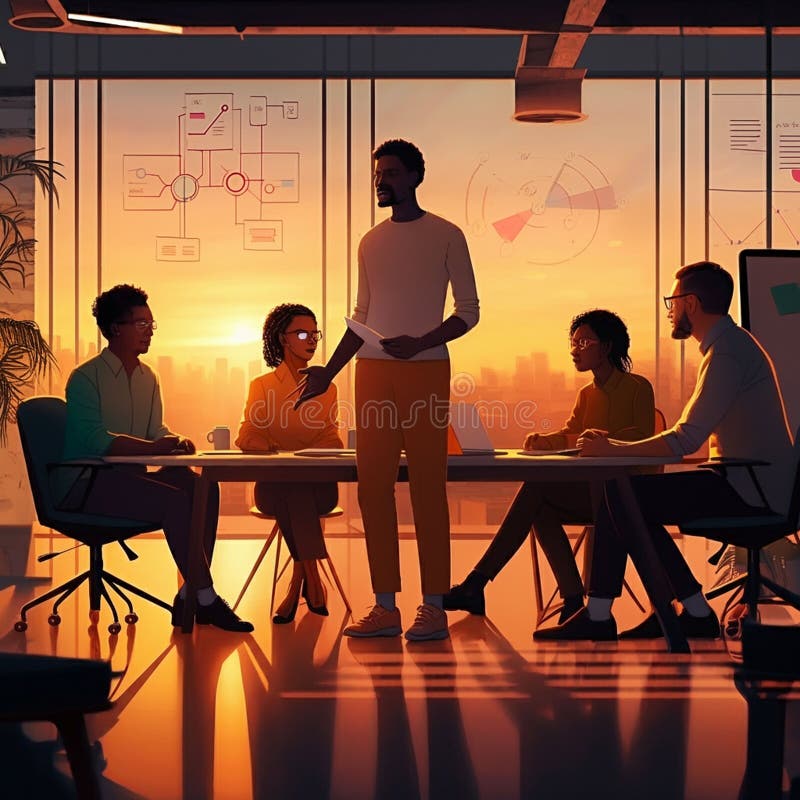 A diverse group of adults engaged in a meeting in a modern office setting. Five stock illustration