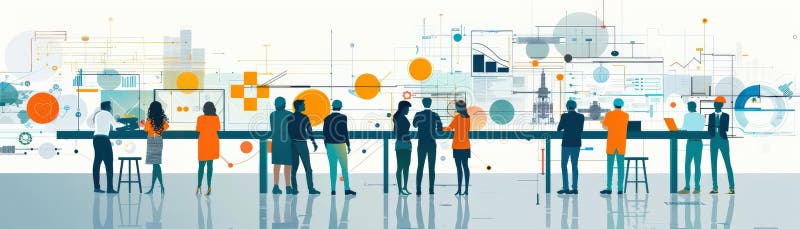 Diverse group of architects and engineers collaborating on a project, urban development, creative collaboration stock illustration