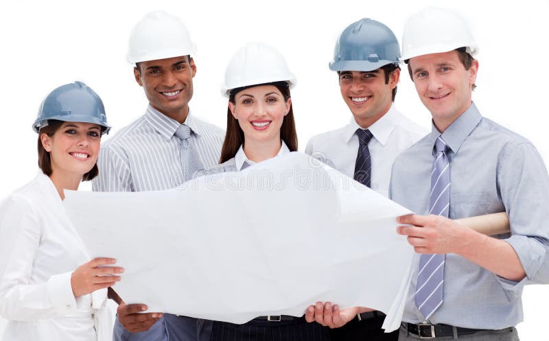 A diverse group of architects holding a blueprint stock images