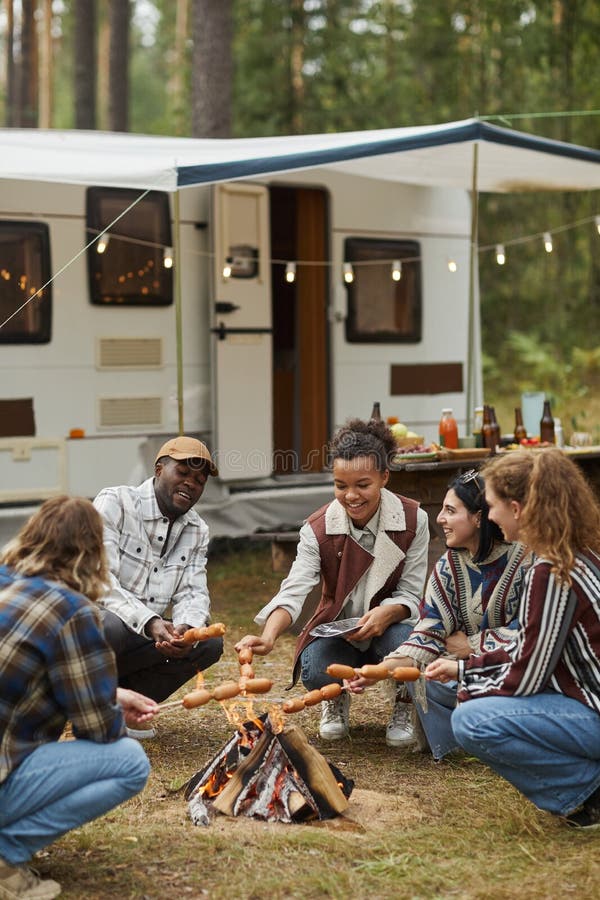 Diverse Group of Friends by Bonfire Stock Photo - Image of camping ...