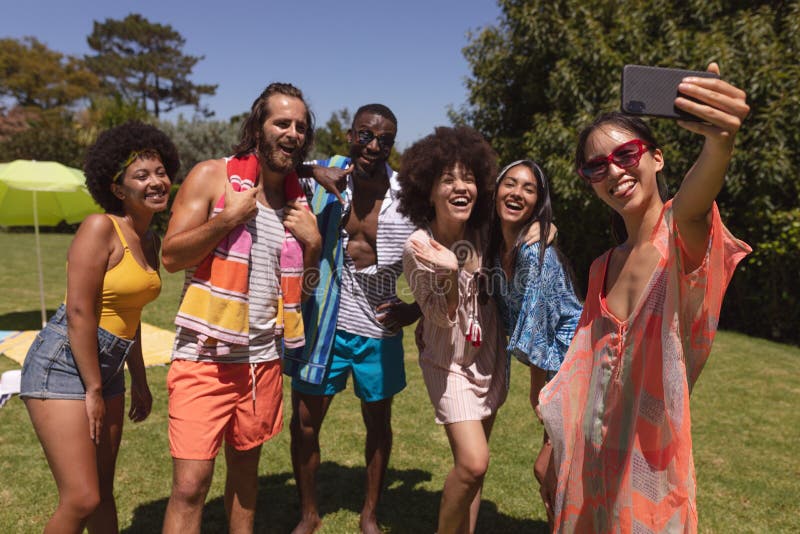 Diverse Group Of Friends Taking Selfie At A Pool Party Stock Image 