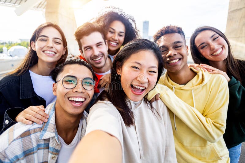 Diverse Group Of Happy Young Best Friends Having Fun Taking Selfie 