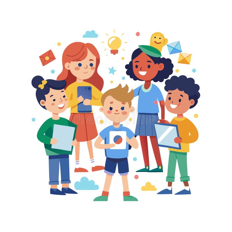 Diverse group of kids brainstorming with technology and creative ideas in a colorful flat design vector illustration