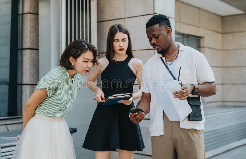 Diverse group of professionals meeting and discussing outside office building stock photography