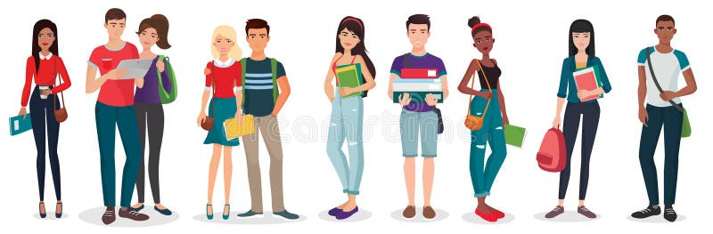 Diverse group of students set vector illustration. Cartoon different young female and male characters standing, happy smiling teenages holding coffee and books, laptop and phone isolated on white. Diverse group of students set vector illustration. Cartoon different young female and male characters standing, happy smiling teenages holding coffee and books, laptop and phone isolated on white