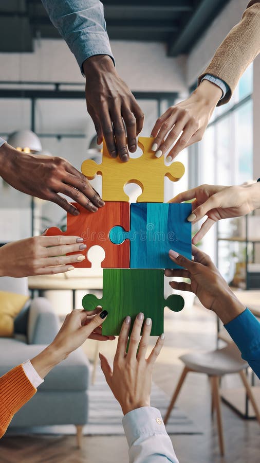 Diverse group working together to solve a colorful puzzle in a bright office space royalty free stock images