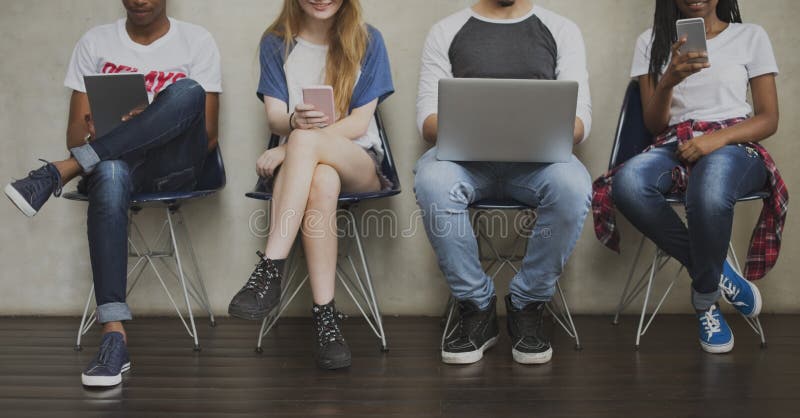 Diverse Group Young People Digital Device Chair Concept