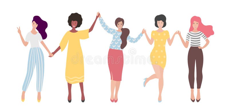 Diverse grupuri internaționale de femei în picioare sau fete care se țin de mână. sindicatul prieteniilor feministe. royalty free illustration