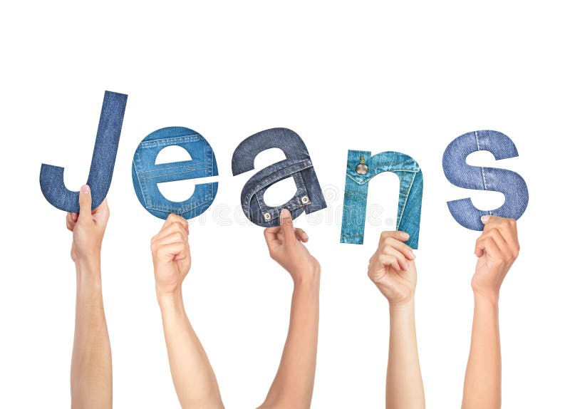 Diverse Hands Holding the Word Jeans Stock Image Image of business