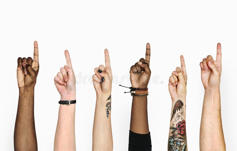 Diverse hands pointing fingers up