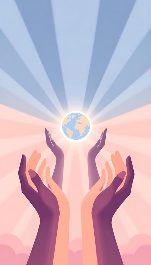 Diverse hands reaching towards a glowing earth with radiant light in the stock images