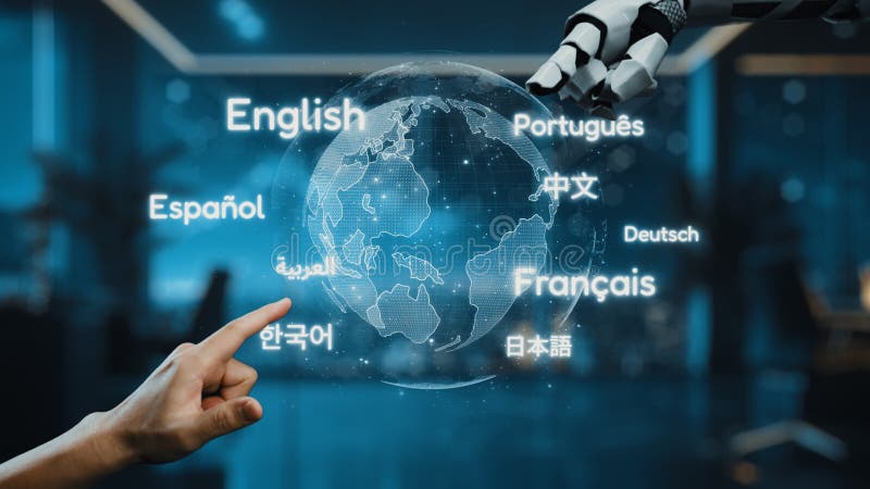 Diverse Languages on a Digital Globe with a Robotic Hand Touching the Earth in a Modern Office Setting. Auvana royalty free stock images
