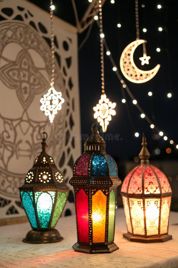 Diverse Lămpi Ramadan Colorate Iluminate Pe Fond Decorativ Cu Lumină Iluminată stock illustration