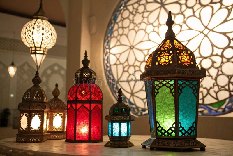 Diverse Lămpi Ramadan Colorate Iluminate Pe Fond Decorativ Cu Lumină Iluminată royalty free illustration