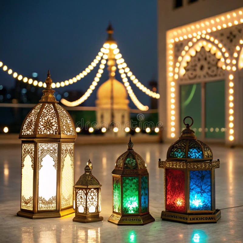 Diverse Lămpi Ramadan Colorate Iluminate Pe Fond Decorativ Cu Lumină Iluminată stock illustration