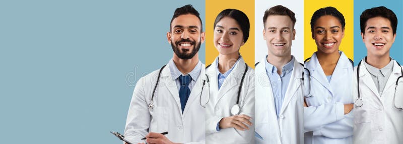 A collage features a diverse group of medical professionals in white coats, smiling confidently. The individuals represent different ethnicities and showcase collaboration in healthcare settings. Diverse medical team stock images, royalty-free photos and pictures