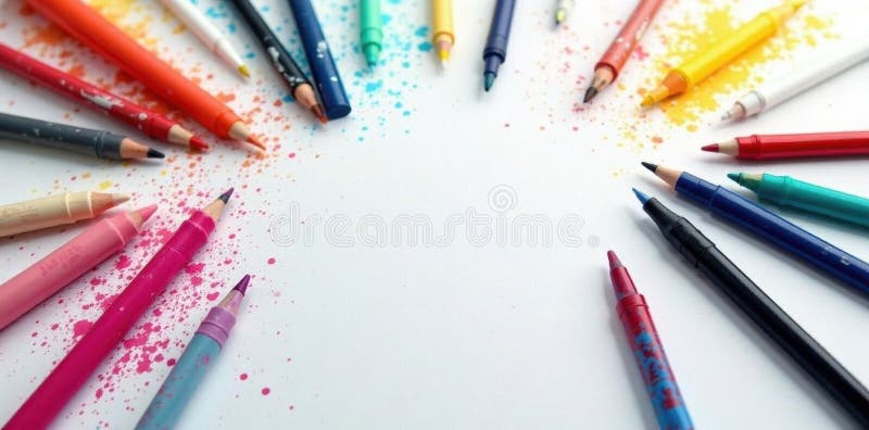 Diverse pensule de marcare colorate, împrăștiate în fundal în foi albe, creatoare vector illustration
