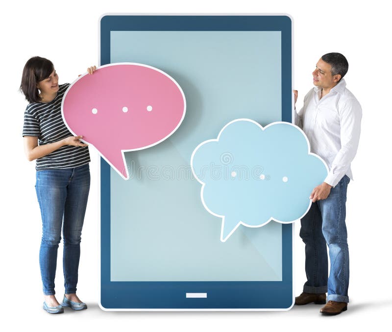 Diverse people holding speech bubbles and tablet royalty free illustration