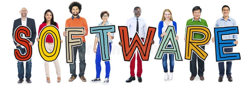 Diverse People Holding Text Software royalty free stock photo