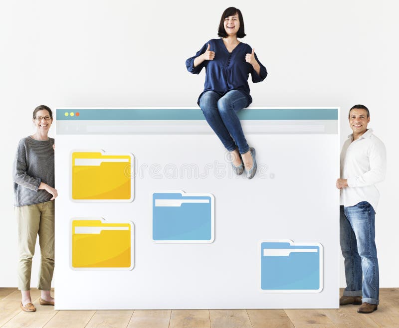Diverse people with internet browser mockup stock images