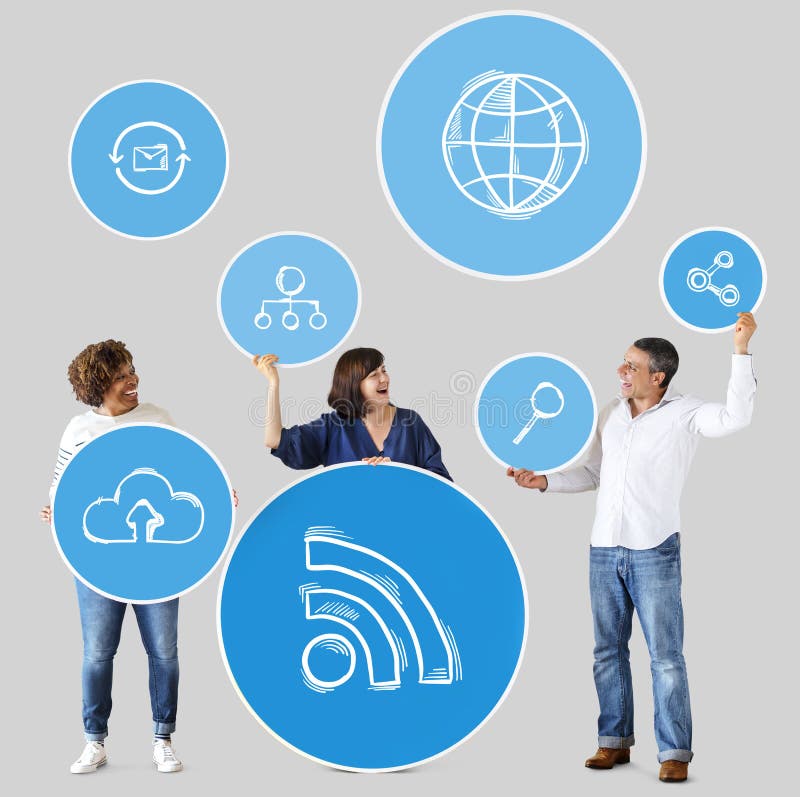 Diverse people with social media icons stock photography