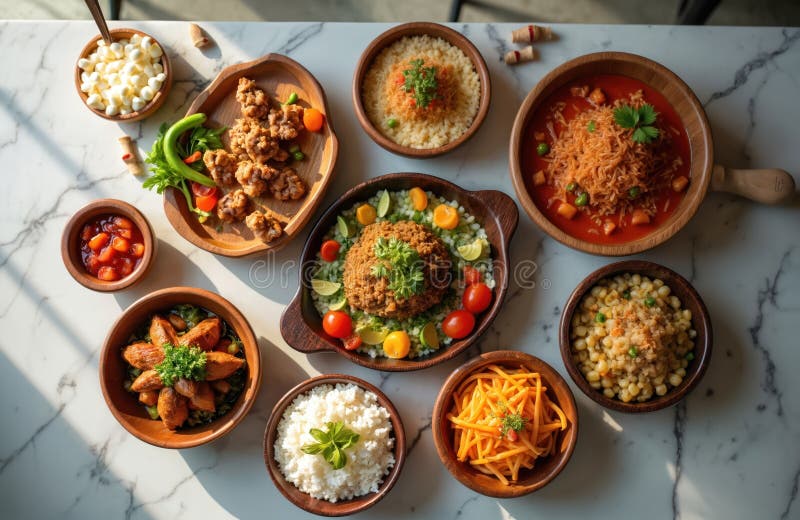 Diverse Peruvian dishes artfully arranged on white marble surface. Features rice, chicken, corn, fresh vegetables, and sauces royalty free illustration