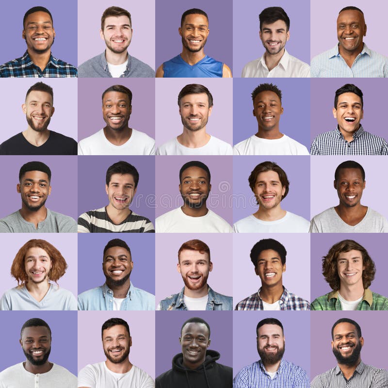 Diverse positive männliche Gesichter mit verschiedenen Frisuren Sammlung von Fotos stockfotografie