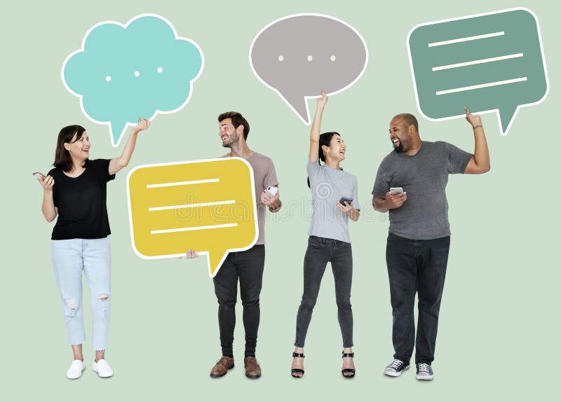 People holding colorful speech bubbles