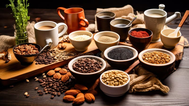 Diverse tazze da caffè circondate da una serie di noci e spezie illustrazione di stock