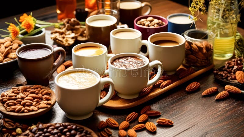 Diverse tazze da caffè circondate da una serie di noci e spezie royalty illustrazione gratis