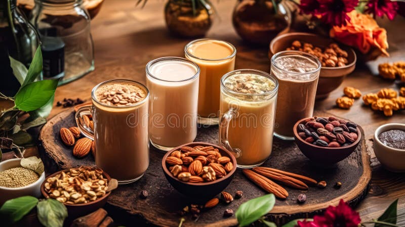 Diverse tazze da caffè circondate da una serie di noci e spezie illustrazione vettoriale