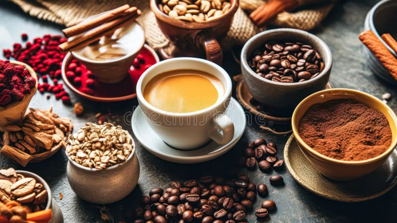 Diverse tazze da caffè circondate da una serie di noci e spezie illustrazione di stock