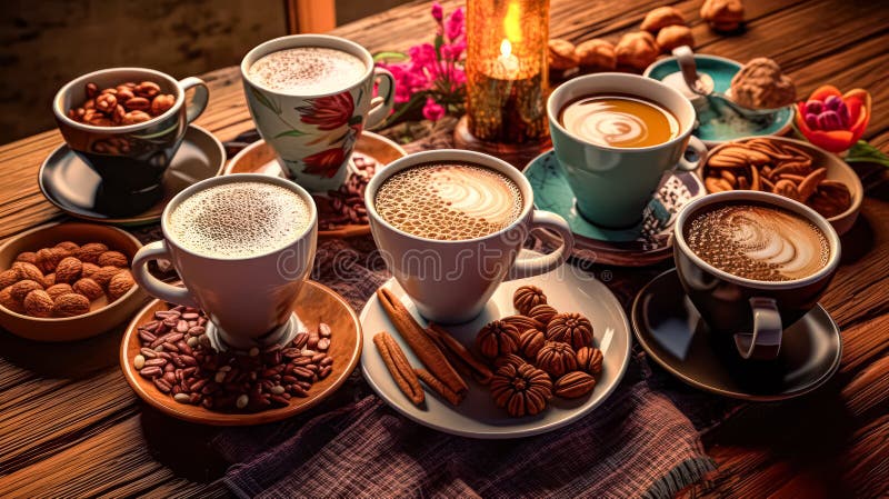 Diverse tazze da caffè circondate da una serie di noci e spezie illustrazione vettoriale