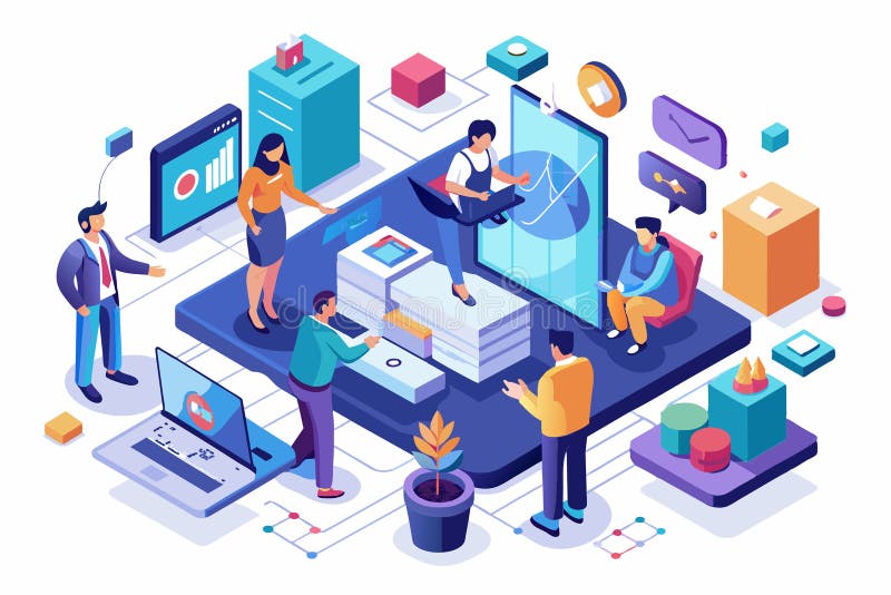 A diverse team collaborates on a customizable isometric design project