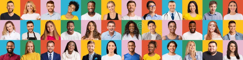 Diverses personnes montrant des émotions positives sur des fonds colorés ensemble photo stock