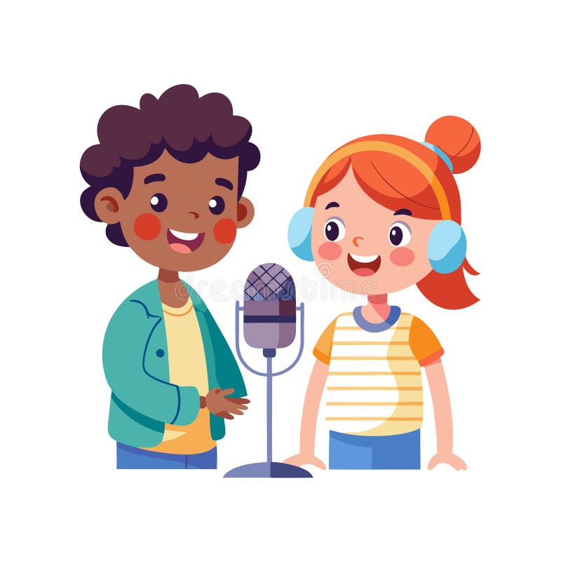 Diversi bambini che ospitano una registrazione podcast in un'illustrazione vettoriale piatta ed elegante illustrazione vettoriale