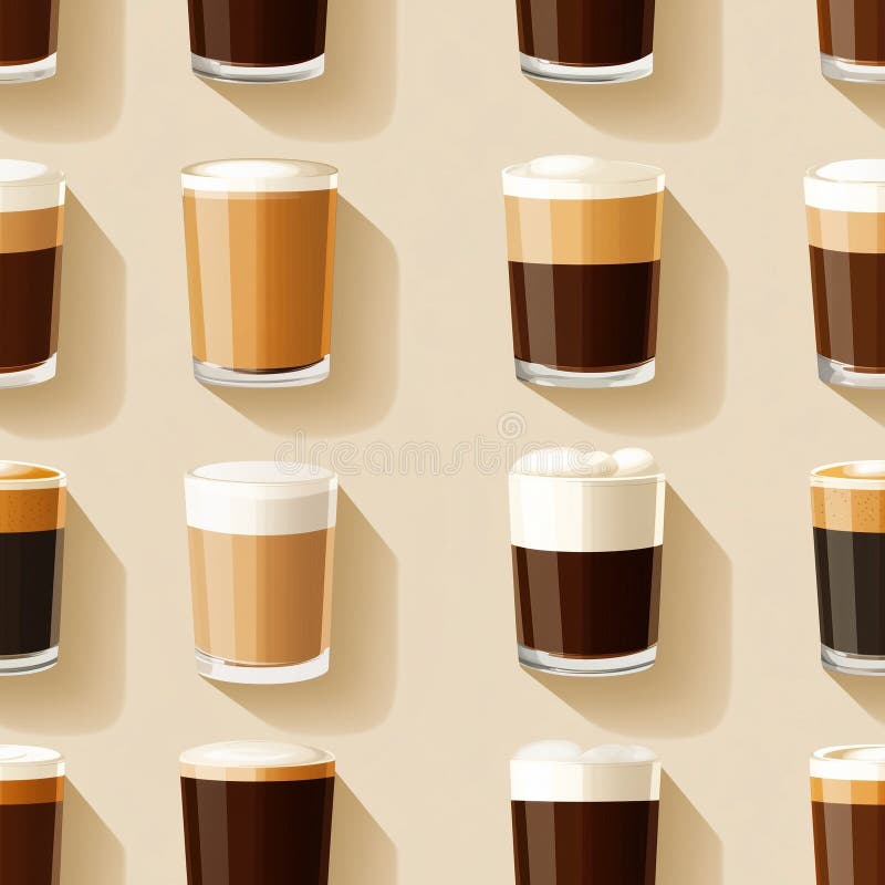 Diversi stili e preparati di caffè su uno sfondo neutro, carta da parati senza saldatura illustrazione di stock