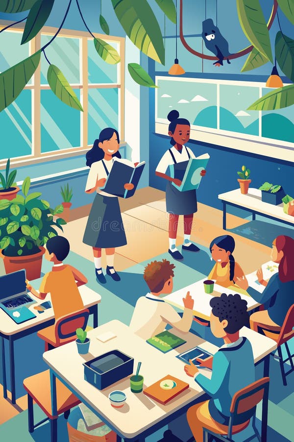 Diversi studenti impegnati in attività scolastiche illustrano la giornata senza sacchetti di plastica illustrazione di stock