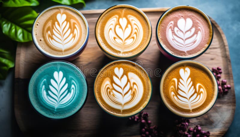 Diversi tipi di tazze da caffè in colori e stili associati nella vista dall'alto verso il basso di una tavola di pietra bianca. Diversi tipi di tazze da caffè in colori e stili associati sulla tavola di pietra bianca vista dall'alto verso il basso generata da ai