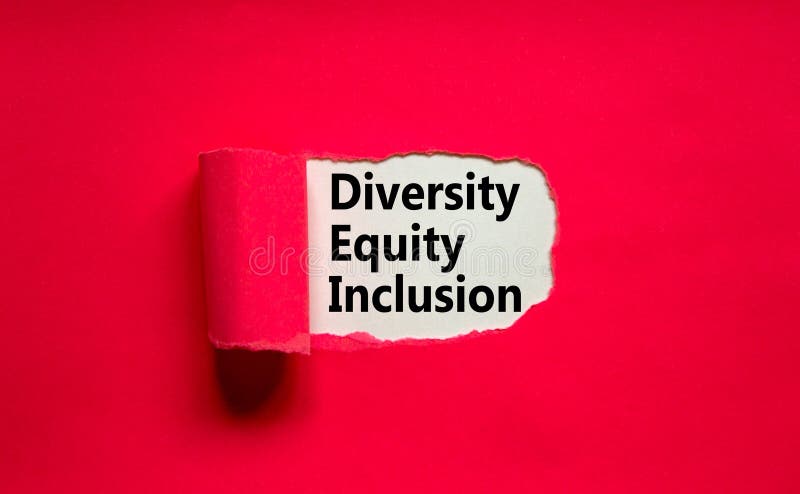 Diversity, equity, inclusion DEI symbol. Words DEI, diversity, equity, inclusion appearing behind torn pink paper. Pink background