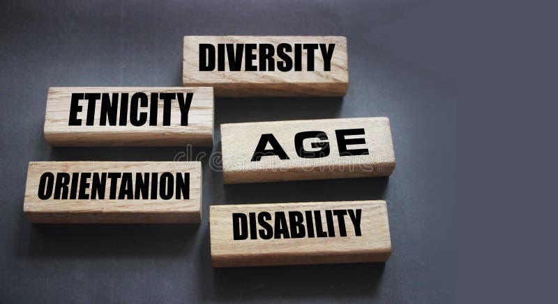 Diversity Etnicity age orientation disability words on wooden blocks. Social concept