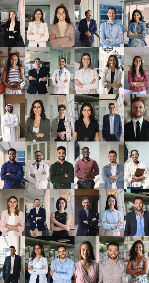 Multicultural people posing with arms-crossed at workplace, multiple collage view royalty free stock photos