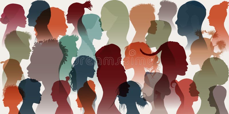 Crowd. Silhouette side group of men women girl of diverse cultures. Diversity multi-ethnic people. Racial equality and anti-racism