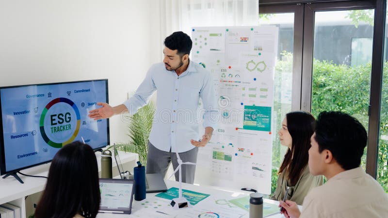 Diversity team presentation in ESG sustainability business goals sdgs in green office stock photo