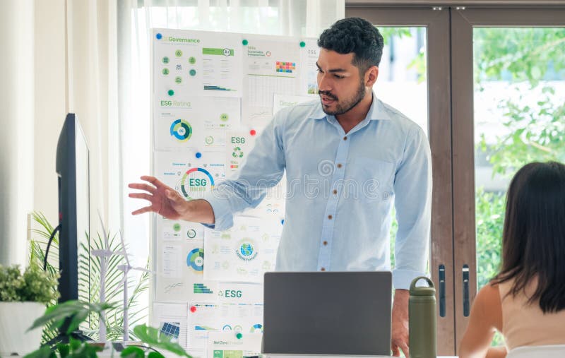 Diversity team presentation in ESG sustainability business goals sdgs in green office stock image
