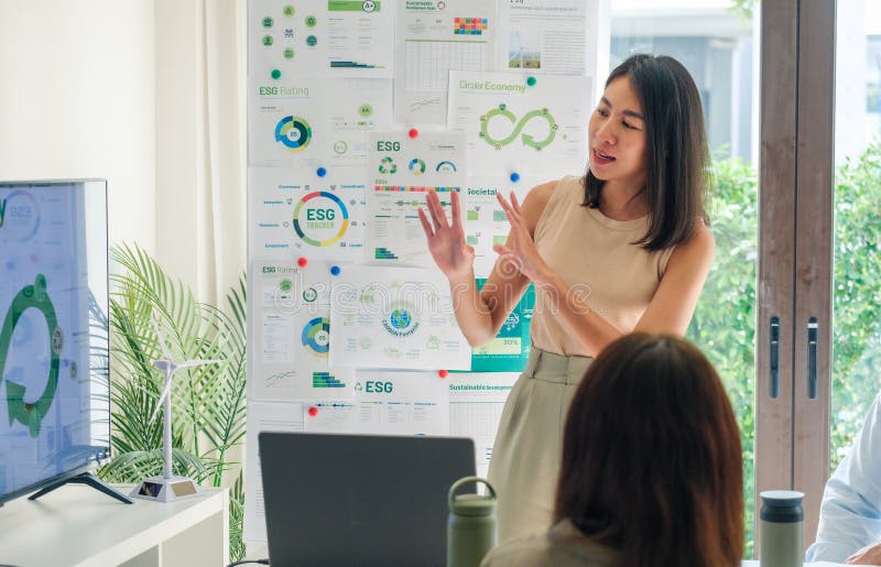 Diversity team presentation in ESG sustainability business goals sdgs in green office royalty free stock images