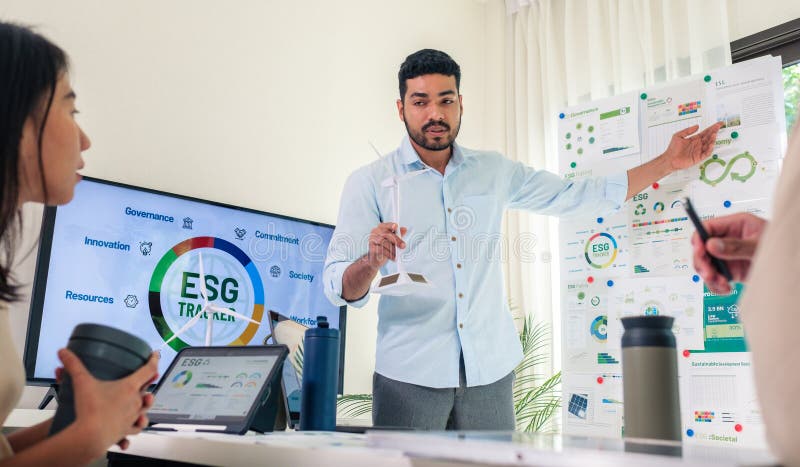 Diversity team presentation in ESG sustainability business goals sdgs in green office royalty free stock image